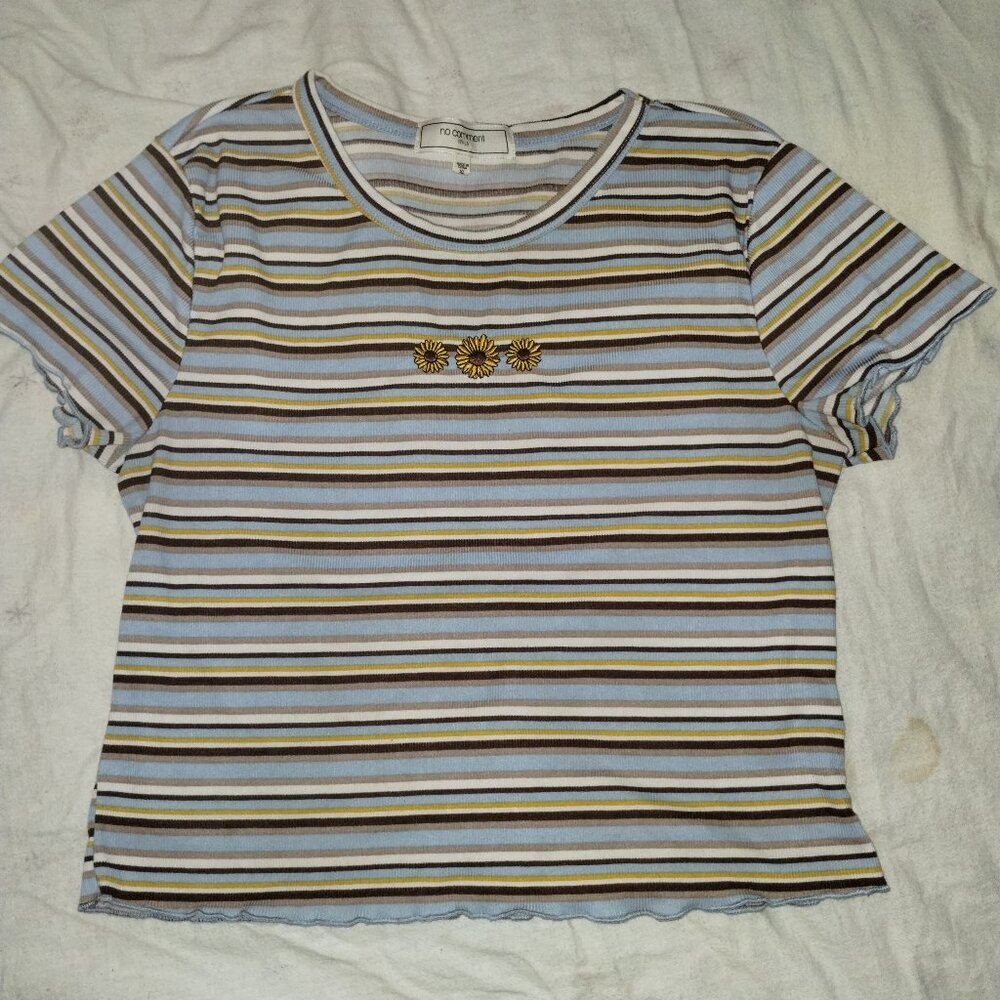 No Comment striped crop top with sunflowers and ruffled edges